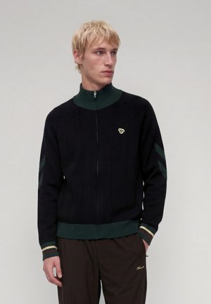 Homme aux cheveux blonds portant un pull noir à fermeture éclair avec un col vert foncé et des poignets rayés, associé à un pantalon marron foncé.