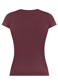 Bordeaux-farbenes, tailliertes T-Shirt mit kurzen Ärmeln, rundem Ausschnitt, glatter Textur und nahtlosem Design. Die Rückansicht zeigt minimale Nähdetails.