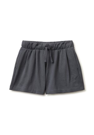 Dunkelgraue Shorts mit elastischem Bund, vorderen Taschen und einem gebundenen Kordelzug vor weißem Hintergrund.