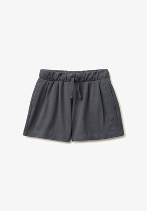 Ciemnoszare szorty z elastycznym pasem, przednimi kieszeniami i wiązaną sznurówką na białym tle.