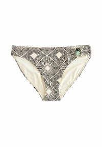 Zwart en crèmekleurig bikinionderdeel met geometrische patronen, een gladde textuur en een decoratieve groene accentuering op de tailleband.