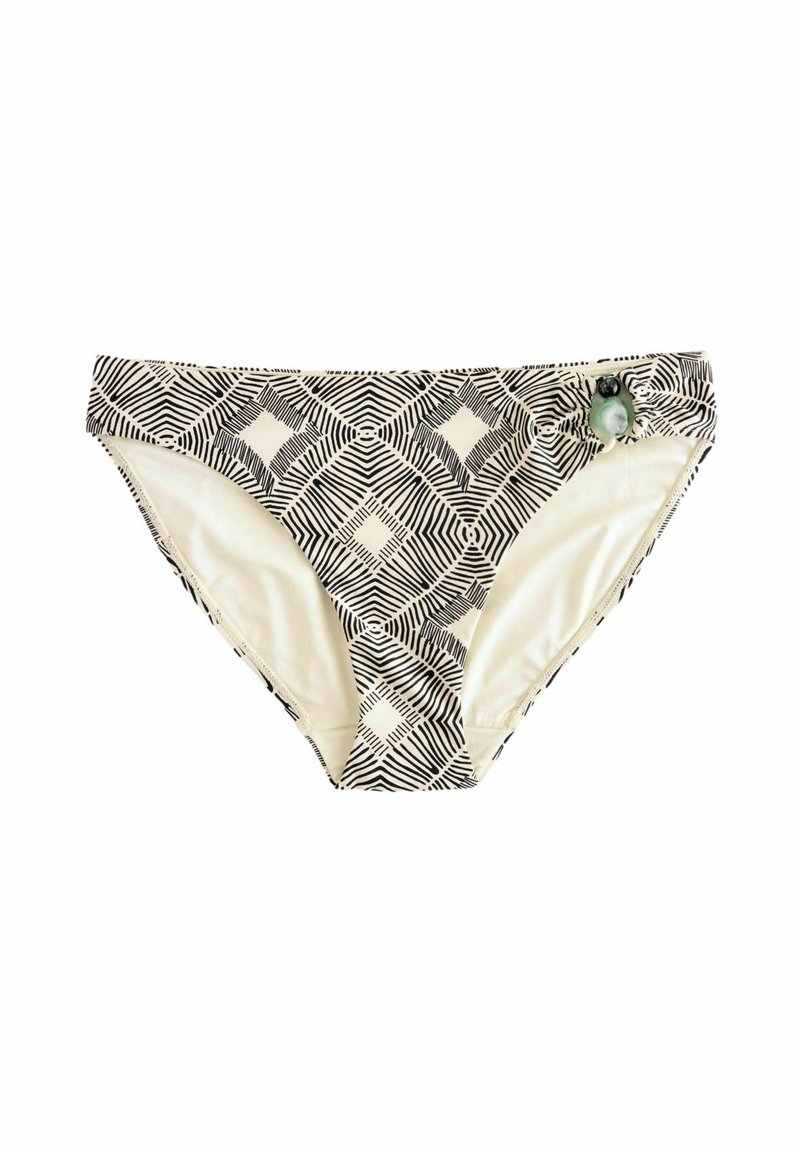 Zwart en crèmekleurig bikinionderdeel met geometrische patronen, een gladde textuur en een decoratieve groene accentuering op de tailleband.