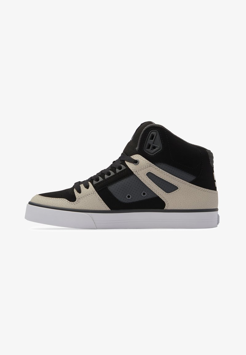 High-top sneakers feature a black upper with grey and light beige accents, textured materials, perforations, and white rubber sole.