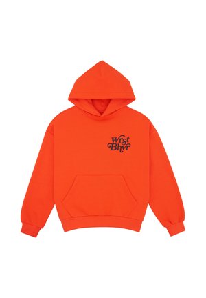 Sweat à capuche orange vif avec manches longues, poche avant et logo texte noir sur la poitrine indiquant "wrst Bhvr".