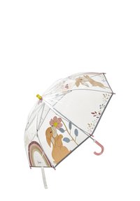 Transparenschirm mit pinkem Griff und grauem Rahmen, verziert mit Cartoons von Hasen, Blumen und einem Regenbogenmuster auf dem Stoff.