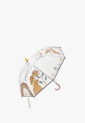 Clear umbrella featuring a pink handle and grey frame, adorned with cartoon bunnies, flowers, and a rainbow design on the fabric.
