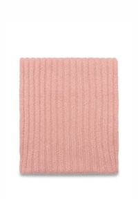 Écharpe en tricot de couleur rose doux, présentant une texture en côtes verticales. Le tissu semble confortable et chaud, idéal pour porter par temps froid.