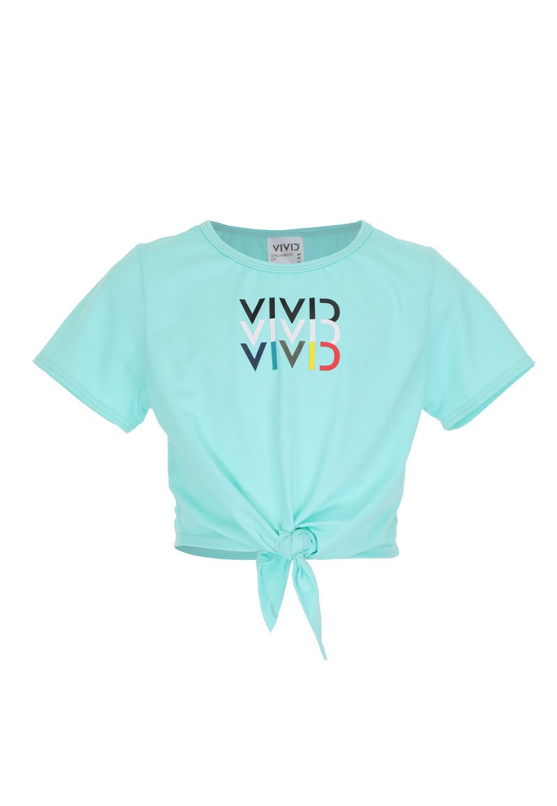 T-shirt cropped di colore azzurro chiaro realizzato in tessuto morbido, con maniche corte e un dettaglio di nodo legato sul davanti, con una stampa di logo multicolore.