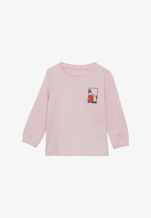 Rosa Langarmshirt aus weichem Material, mit einer kleinen Tasche, die ein rotes Krabben-Design und Herzdetails zeigt. Druckknopfverschluss an der Schulter.