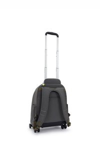 Zaino a rotelle in tessuto grigio scuro; dotato di spallacci regolabili, manico telescopico in alluminio e quattro ruote per la mobilità.