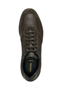 Sneaker in suede e pelle marrone con punta rotonda, chiusura con lacci, colletto imbottito e dettagli testurizzati. Presenta il logo dorato sulla soletta.