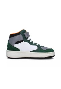 Sneaker alte in suede verde, pelle bianca e dettagli grigi, con strap in Velcro e lacci bianchi. Suola in gomma nera.