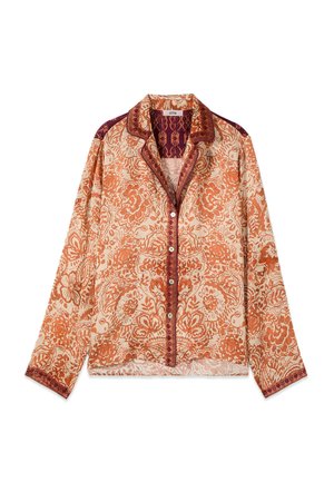 Overhemd met lange mouwen en knopen, met een oranje bloemen paisley patroon, contrasterende donkere geometrische bies op de kraag, de knoopsluiting en de manchetten.
