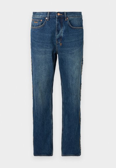 Blue denim jeans with a straight leg design, featuring distressed accents on the sides and a classic button closure at the waist.