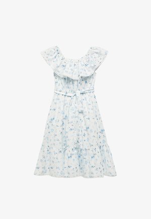 Vestito floreale azzurro chiaro con scollatura arricciata, maniche corte e gonna a strati. Realizzato in tessuto leggero e presenta una vita legata.