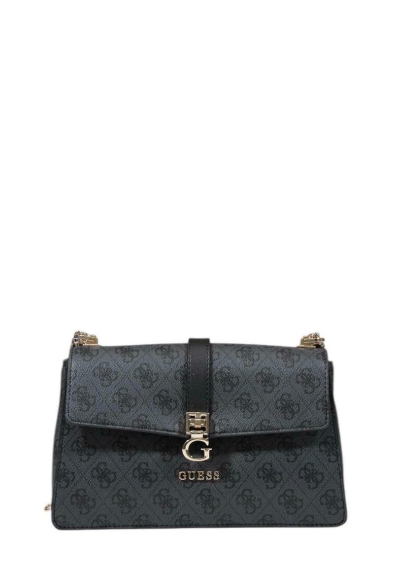 Dunkelgraue Handtasche mit geprägtem Logo-Muster, goldenen Beschlägen, einem umklappbaren Deckel und einem Lederriemen. Sie verfügt über einen zentralen Verschluss mit einem Logo.