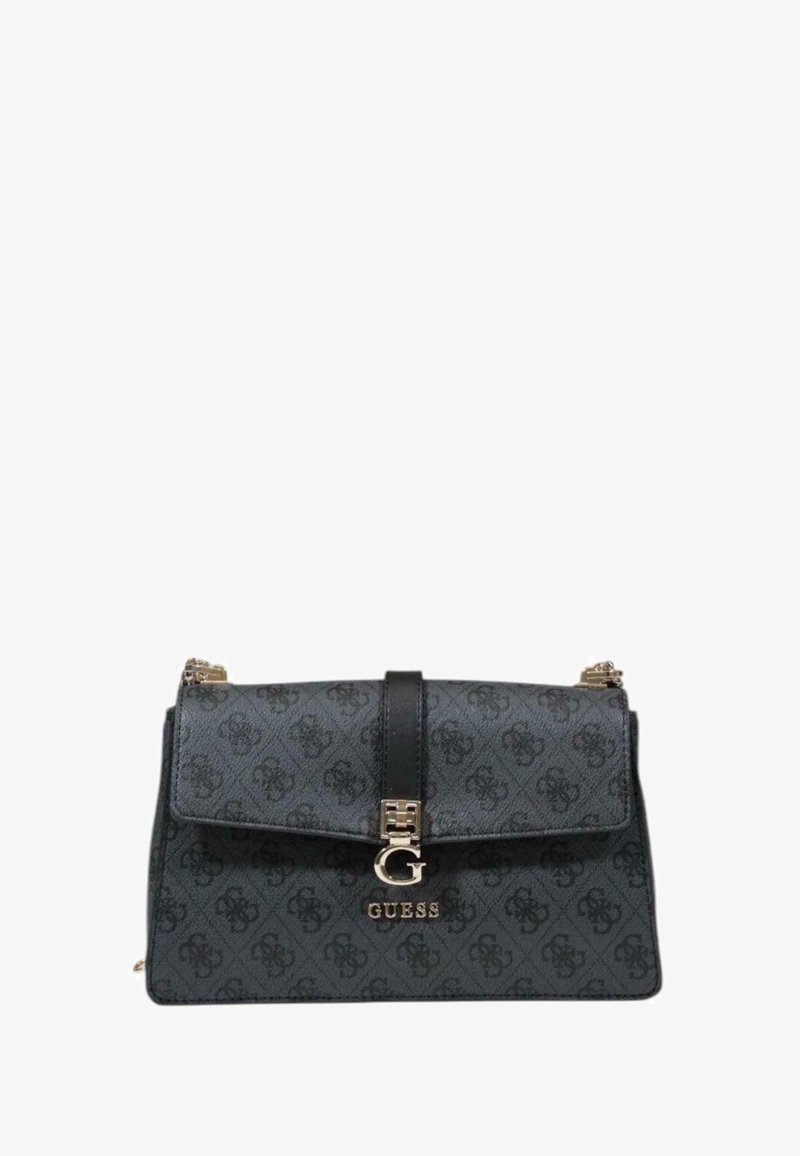 Dunkelgraue Handtasche mit geprägtem Logo-Muster, goldenen Beschlägen, einem umklappbaren Deckel und einem Lederriemen. Sie verfügt über einen zentralen Verschluss mit einem Logo.