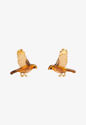 Brown and gold bird-shaped earrings with detailed wings and black bead eyes, featuring a glossy finish and intricate craftsmanship.