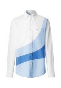 Overhemd met lange mouwen en knopen, met een witte bovenkant en diagonaal lopende strepen in verschillende tinten licht- tot donkerblauw aan de voorkant, inclusief een borstzak.