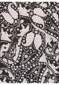 Schwarzer Stoff mit komplizierten weißen Blumen- und Paisleymustern sowie wirbelnden Formen und detaillierten Akzenten.