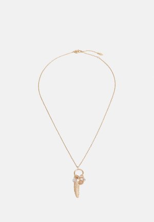 Delicate gold chain necklace with a circular clasp, featuring a feather charm and three small decorative beads.