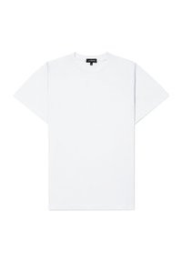 Biała bawełniana koszulka z krótkim rękawem, okrągłym dekoltem i luźnym krojem. Prosty design, bez wzorów ani akcentów. Metka przy dekolcie.