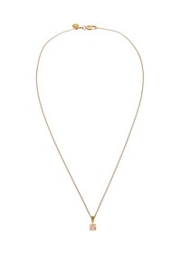 Gul länk halsband med en fyrkantig hänge som har en rosa ädelsten. Länken är delikat med en hummerlås.