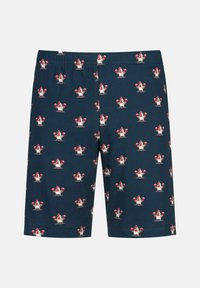 Marineblauwe shorts van zachte stof met een herhaald patroon van cartoonkippen die rode harten vasthouden. Elastische tailleband voor comfort.