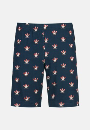 Pantaloni corti blu navy realizzati in tessuto morbido, con un motivo ripetuto di galline dei cartoni animati che tengono cuori rossi. Vita elastica per un maggiore comfort.