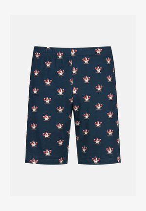 Pantaloni corti blu navy realizzati in tessuto morbido, con un motivo ripetuto di galline dei cartoni animati che tengono cuori rossi. Vita elastica per un maggiore comfort.
