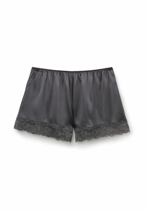 Donkergrijze satijnen shorts met een scalloped zwart kanten rand aan de onderkant, voorzien van een elastische tailleband voor comfort en een gladde textuur.