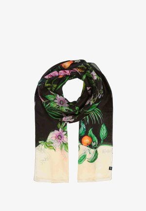 Musthave mustriba lillede ja puuviljade mustriga, roosade lillede ja oranžide aktsentidega, valmistatud kergest kangast, mis annab siledat tekstuuri.