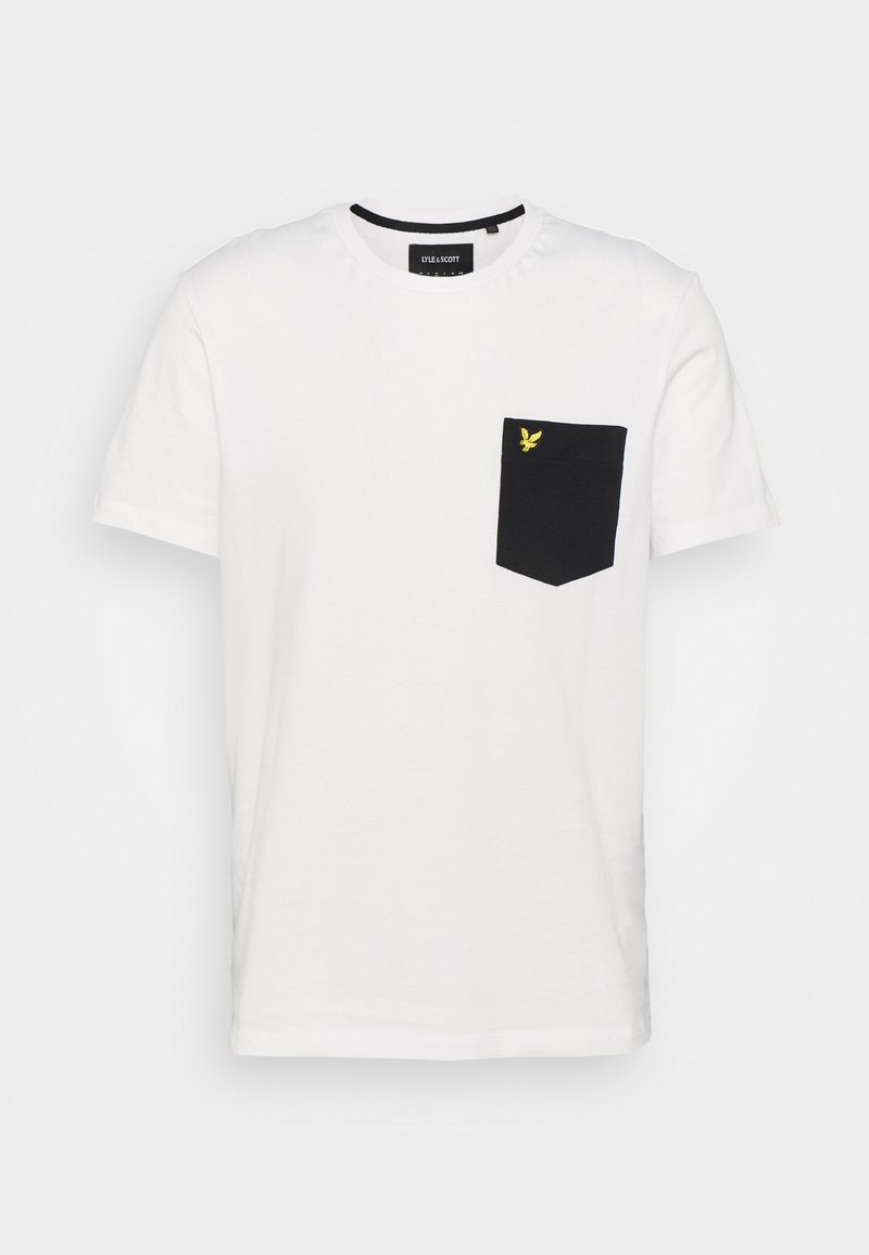 T-shirt bianca in cotone con taschino nero sul lato sinistro del petto, decorato con un piccolo logo giallo. Design classico con collo a giro.