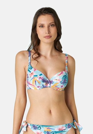Top bikini floreale in azzurro, con vivaci motivi tropicali, supporto con ferretto e spalline larghe regolabili. Slip coordinato con dettaglio a laccio lato.