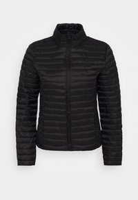 Veste matelassée noire avec un col montant, texture matelassée, fermeture éclair à l'avant et manches longues. Tissu léger et lisse sans motifs visibles.