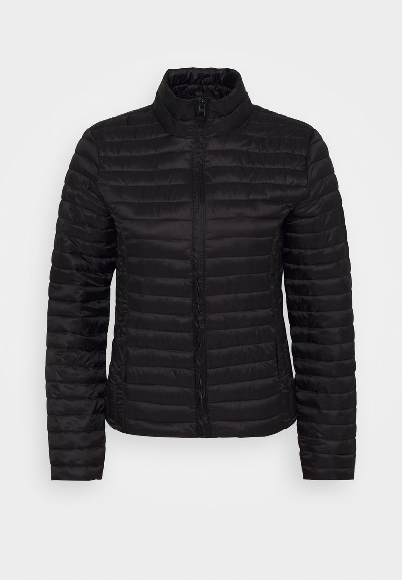 Veste matelassée noire avec un col montant, texture matelassée, fermeture éclair à l'avant et manches longues. Tissu léger et lisse sans motifs visibles.