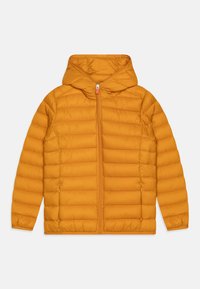 Orange polstret jakke med hætte, med en frontlynlås, quiltet design og glat tekstur. Minimalistisk stil uden synlige udsmykninger.