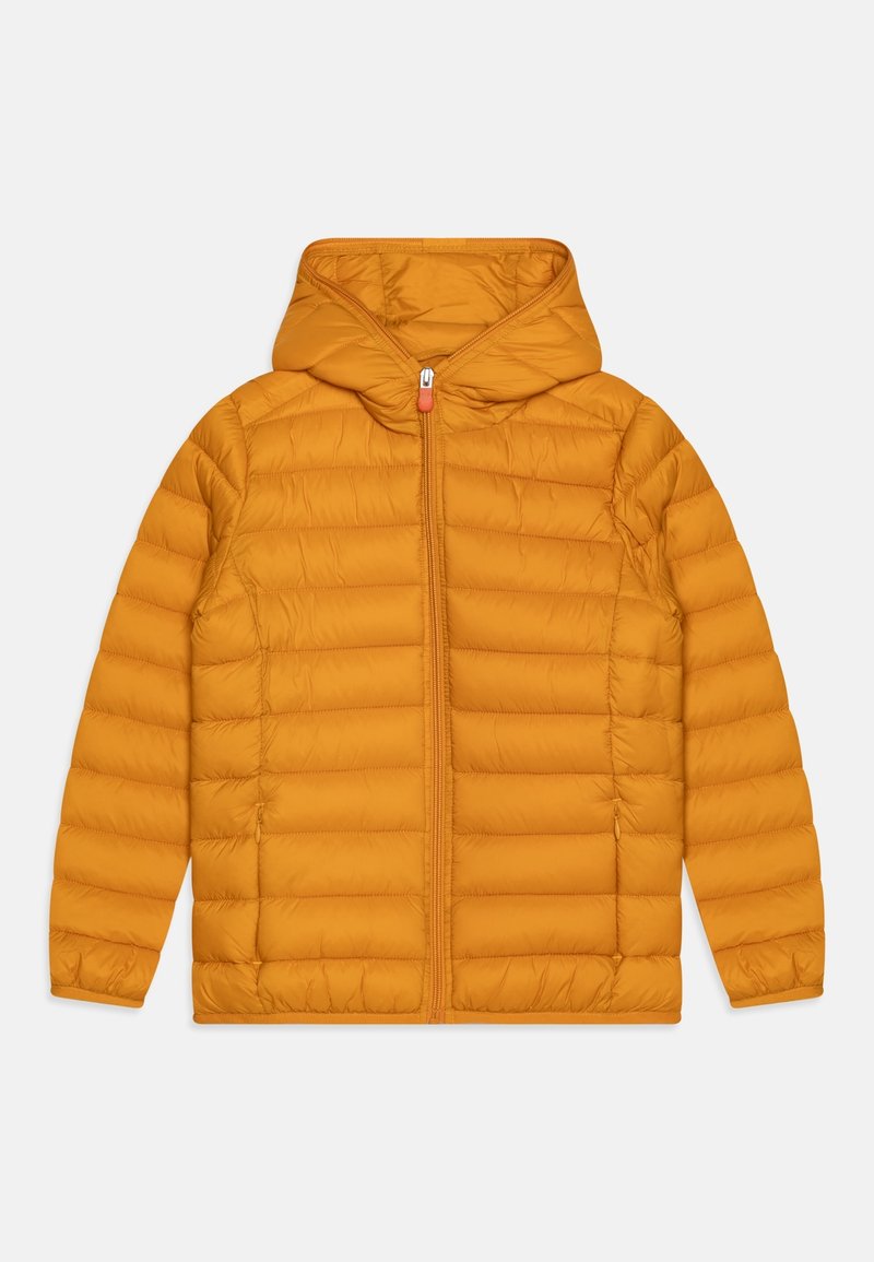 Orange polstret jakke med hætte, med en frontlynlås, quiltet design og glat tekstur. Minimalistisk stil uden synlige udsmykninger.