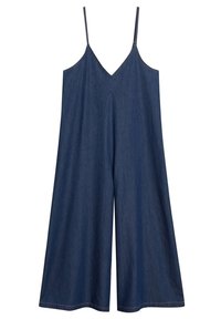 Combinaison en denim à jambes larges avec fines bretelles et encolure en V, conçue pour une coupe ample et décontractée.