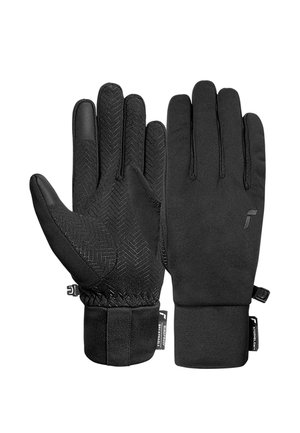 Schwarze Handschuhe aus strukturierten Materialien, mit einem Fischgrätmuster auf der Handfläche, elastischem Handgelenk und verstellbaren Riemen für einen sicheren Sitz.