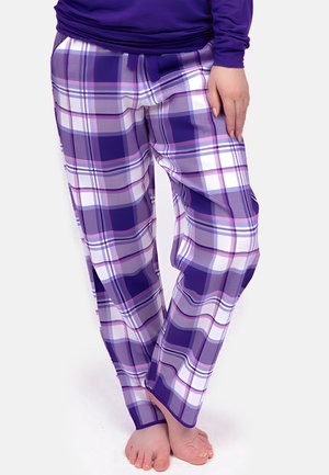 Paarse geruite loungebroek, gemaakt van een lichtgewicht stof met een glanzende afwerking, bevat tinten lavendel, wit en roze in een geruit patroon.