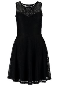 Schwarzes Spitzenkleid ohne Ärmel mit tailliertem Oberteil und ausgestellt Rock, versehen mit floralen Mustern und einem runden Ausschnitt.