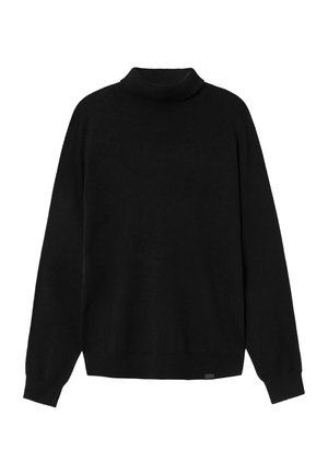 Maglione a collo alto lavorato a maglia nera, con maniche lunghe, vestibilità comoda, texture liscia e un piccolo etichetta con logo sull'orlo.