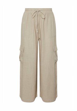 Pantalones cargo beige fabricados con un material ligero, con una cintura elástica, cordón y bolsillos laterales. Corte suelto y relajado.