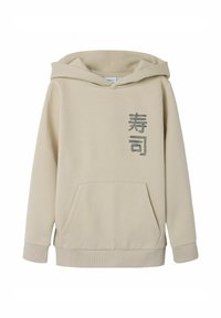 Felpa beige in cotone misto, con tasca frontale, polsini a costine e caratteri giapponesi stampati in argento sul lato sinistro.