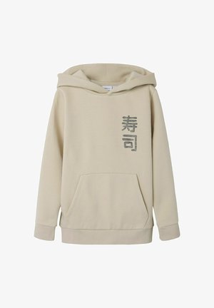 Beige hoodie i bomullsblandning, med en framficka, ribbade manschetter och japanska tecken tryckta i silver på vänster sida.