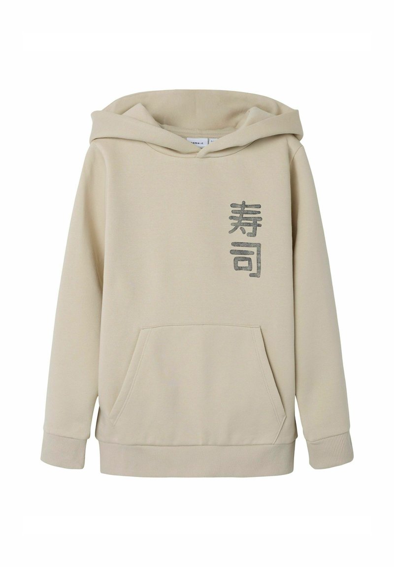 Felpa beige in cotone misto, con tasca frontale, polsini a costine e caratteri giapponesi stampati in argento sul lato sinistro.
