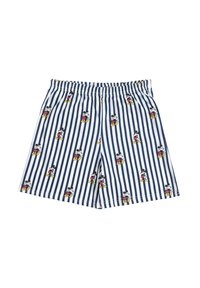 Pantalones cortos de algodón con rayas verticales azules y blancas, con pequeños patrones impresos de Mickey Mouse en toda la prenda. Cintura elástica para mayor comodidad.