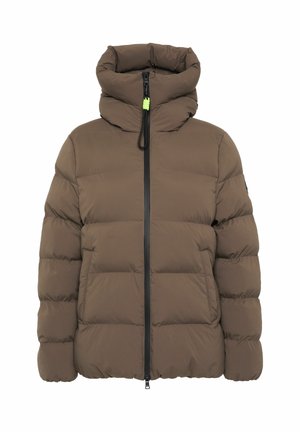 Braune Pufferjacke mit hohem Kragen, Frontreißverschluss und schwarzen Akzenten. Verf�ügt über ein gestepptes Design und elastische Bündchen, die Isolierung bieten.
