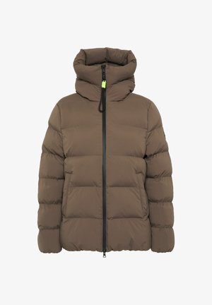 Brown puffer jacket with a high collar, front zipper, and black accents. Features a quilted design and elastic cuffs, offering insulation.